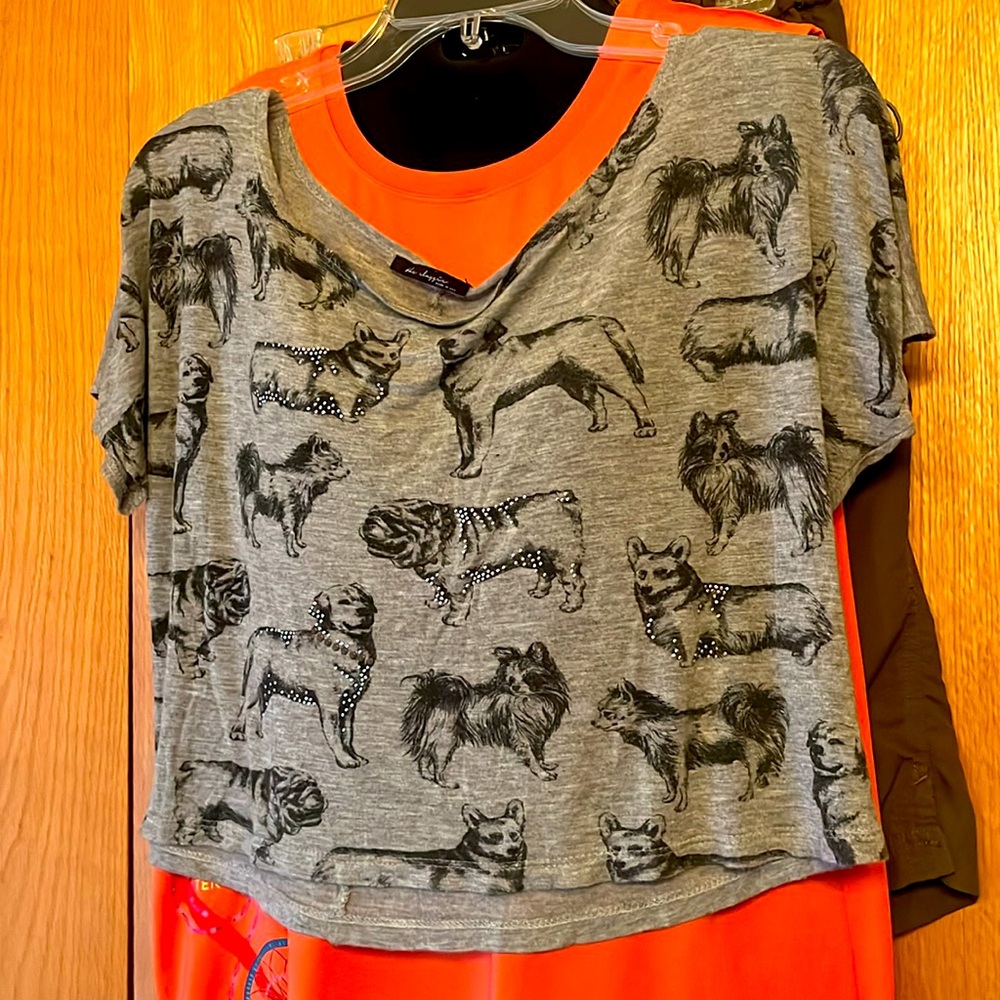 Dog print gray USA embellished off shoulder bling T-Shirt crop top cropped tee